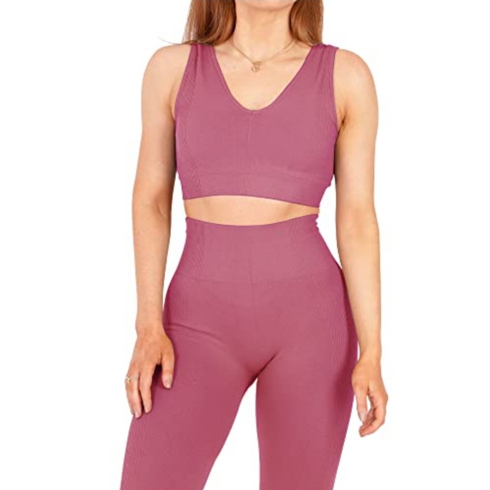 Seamless High-Waist Leggings & Crop Top Set - Dusty Rose